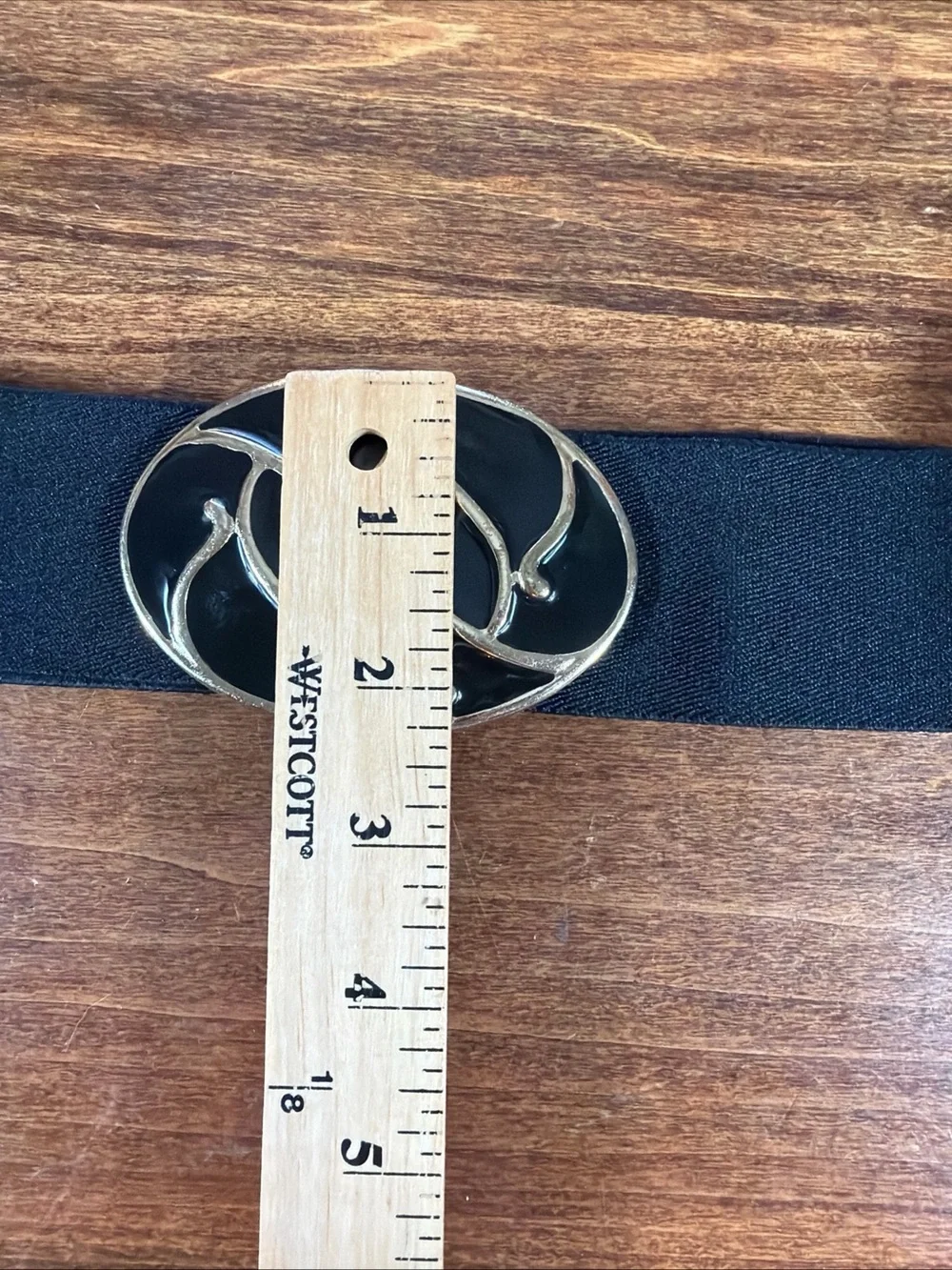 Vintage Elastic Black Waist Belt with Decorative Gold-Tone Oval Buckle